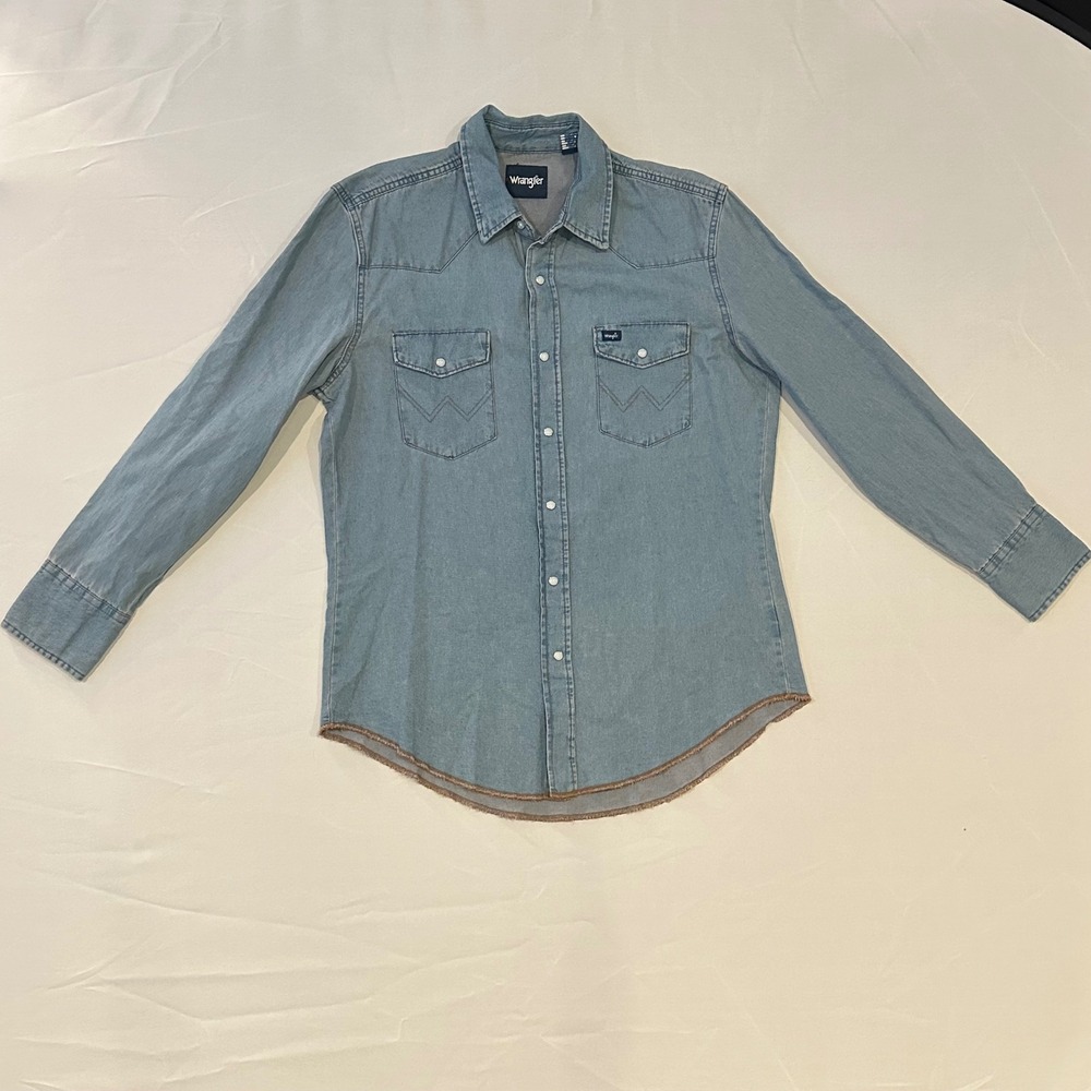 Wrangler Men Western Pearl Snap Denim Shirt Light Wash Raw Hem Large MS7127D